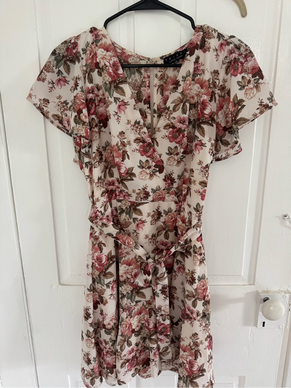 Trixxi Cream Floral Mini Dress with Pink Rose Print